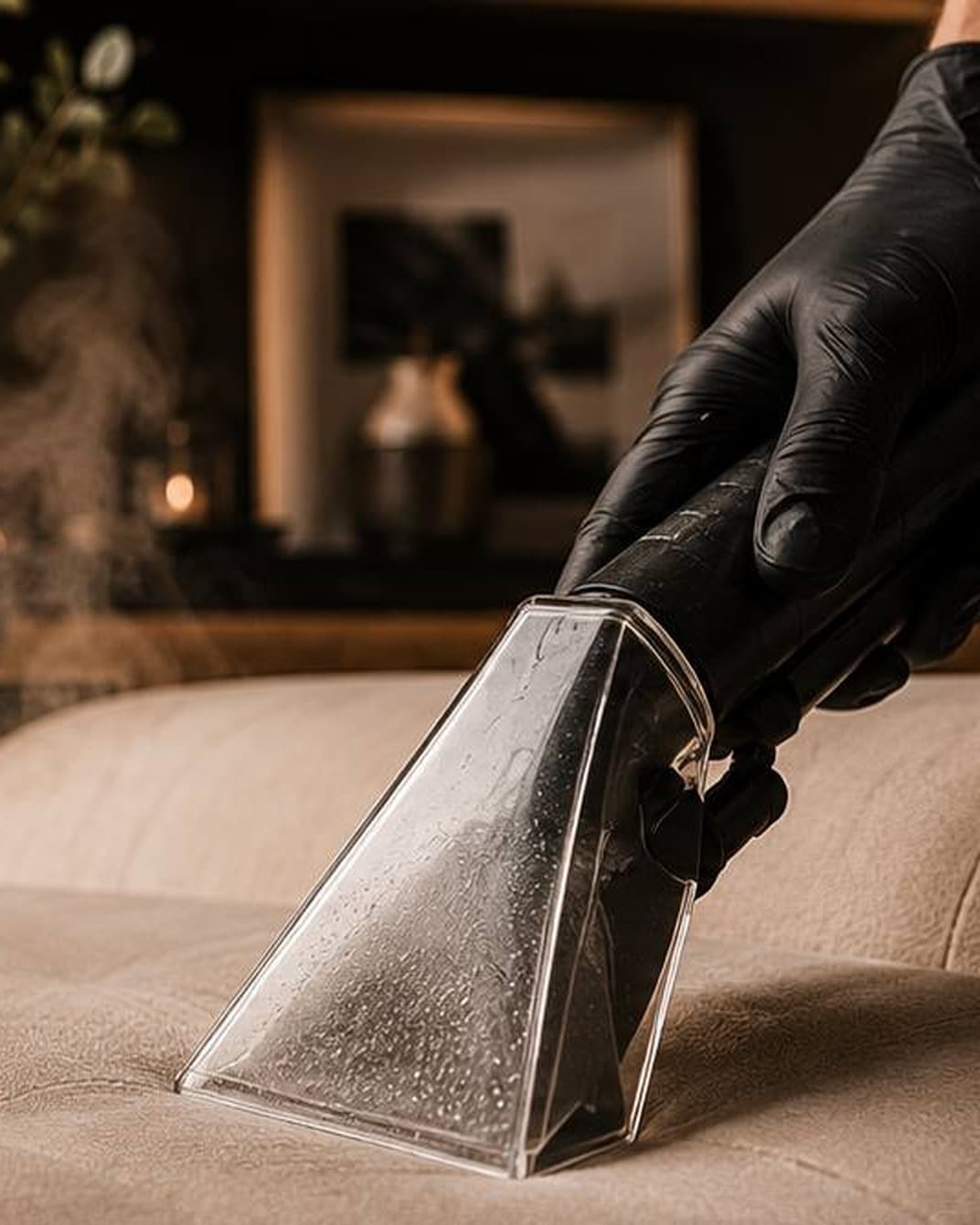 A Fabric Bright technician steam-cleaning upholstered furniture in a customer's home.
