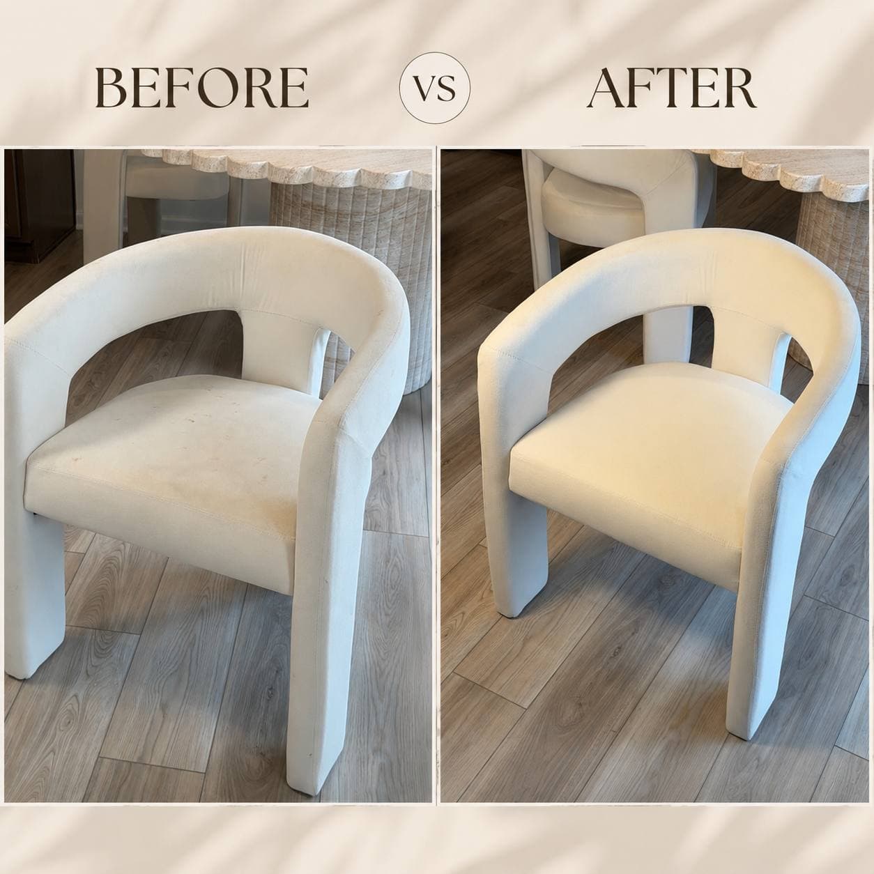 Before and after comparison of a cream upholstered armchair: visibly stained on the left, fully refreshed after professional cleaning on the right.